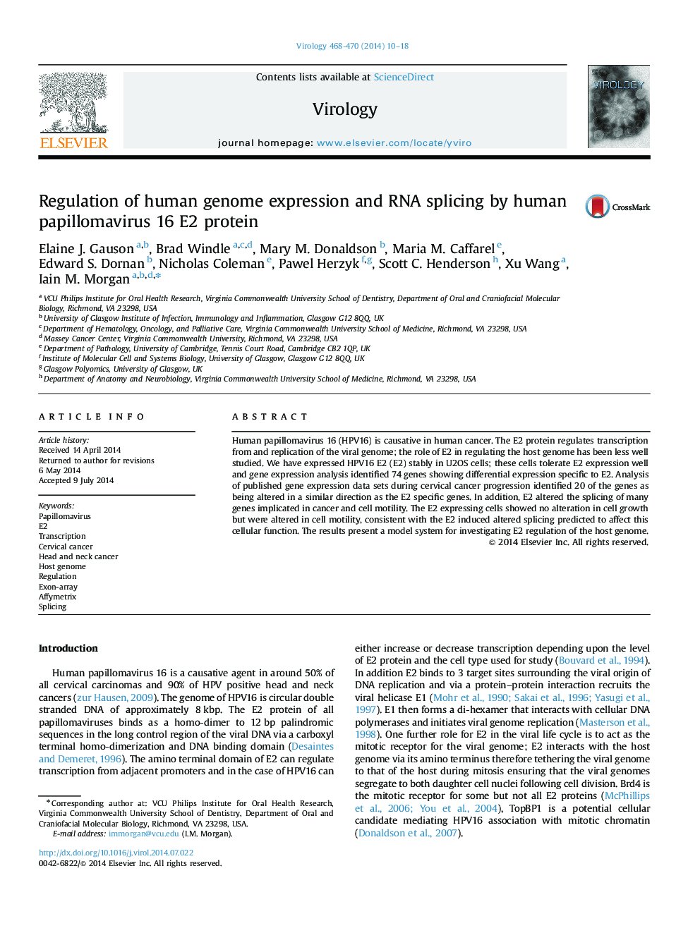 Regulation of human genome expression and RNA splicing by human papillomavirus 16 E2 protein