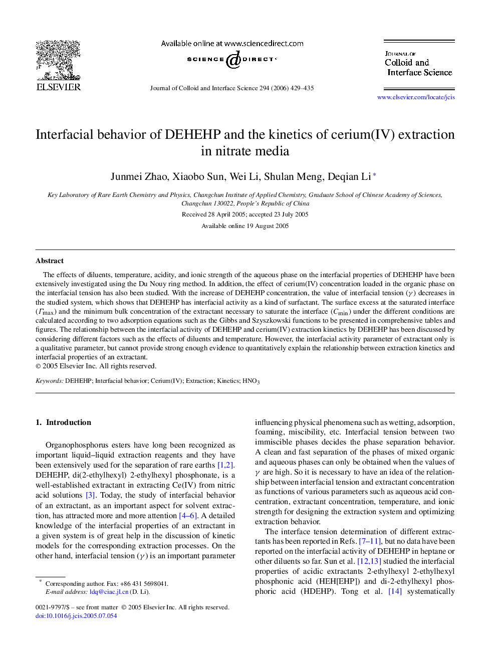 Interfacial behavior of DEHEHP and the kinetics of cerium(IV) extraction in nitrate media