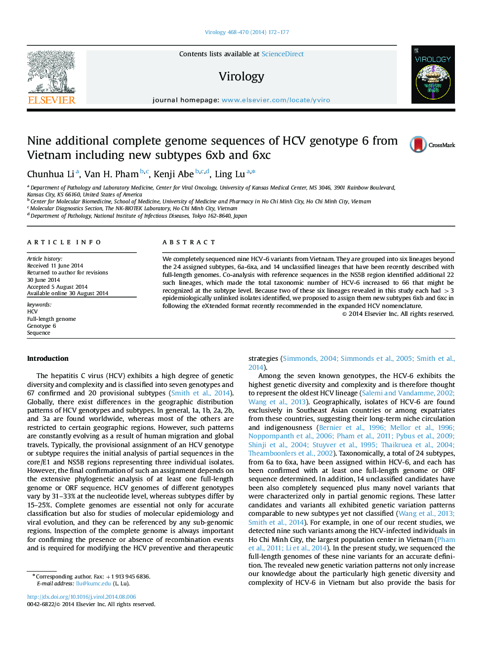 Nine additional complete genome sequences of HCV genotype 6 from Vietnam including new subtypes 6xb and 6xc