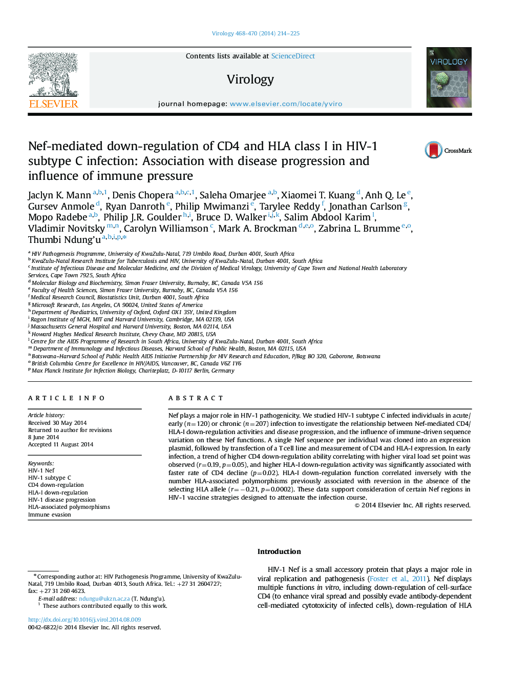 Nef-mediated down-regulation of CD4 and HLA class I in HIV-1 subtype C infection: Association with disease progression and influence of immune pressure