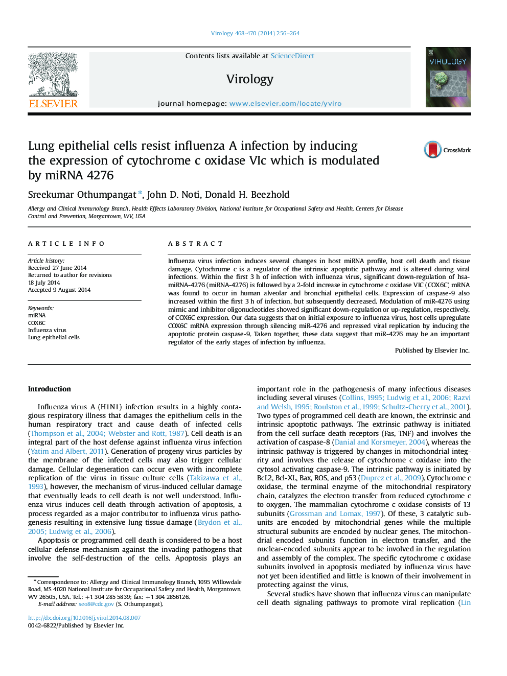 Lung epithelial cells resist influenza A infection by inducing the expression of cytochrome c oxidase VIc which is modulated by miRNA 4276