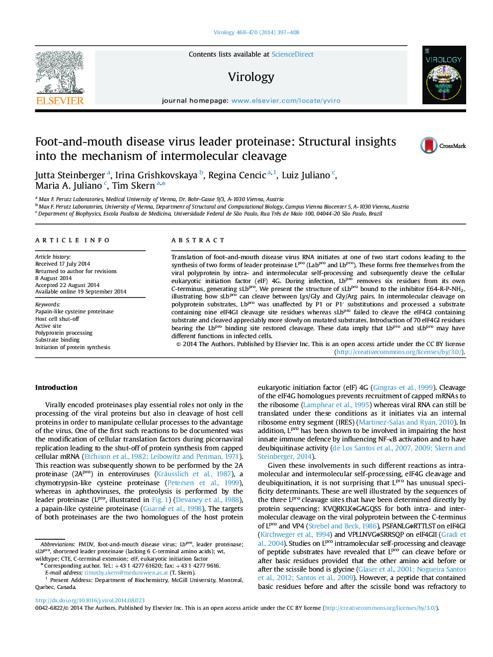 Foot-and-mouth disease virus leader proteinase: Structural insights into the mechanism of intermolecular cleavage