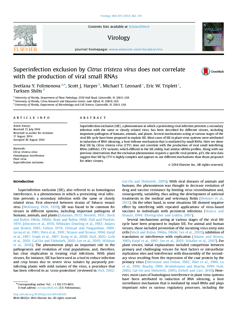 Superinfection exclusion by Citrus tristeza virus does not correlate with the production of viral small RNAs