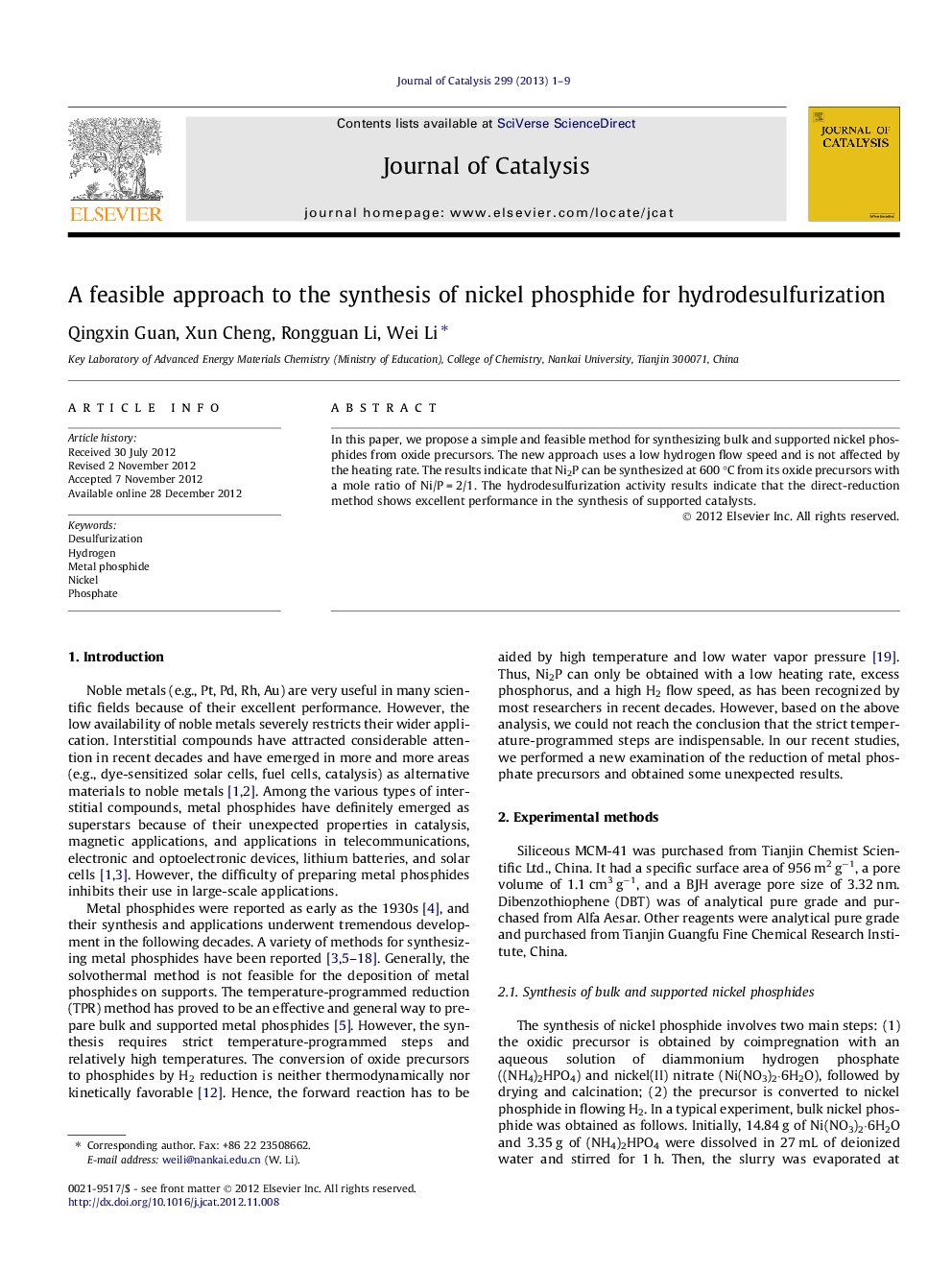 A feasible approach to the synthesis of nickel phosphide for hydrodesulfurization