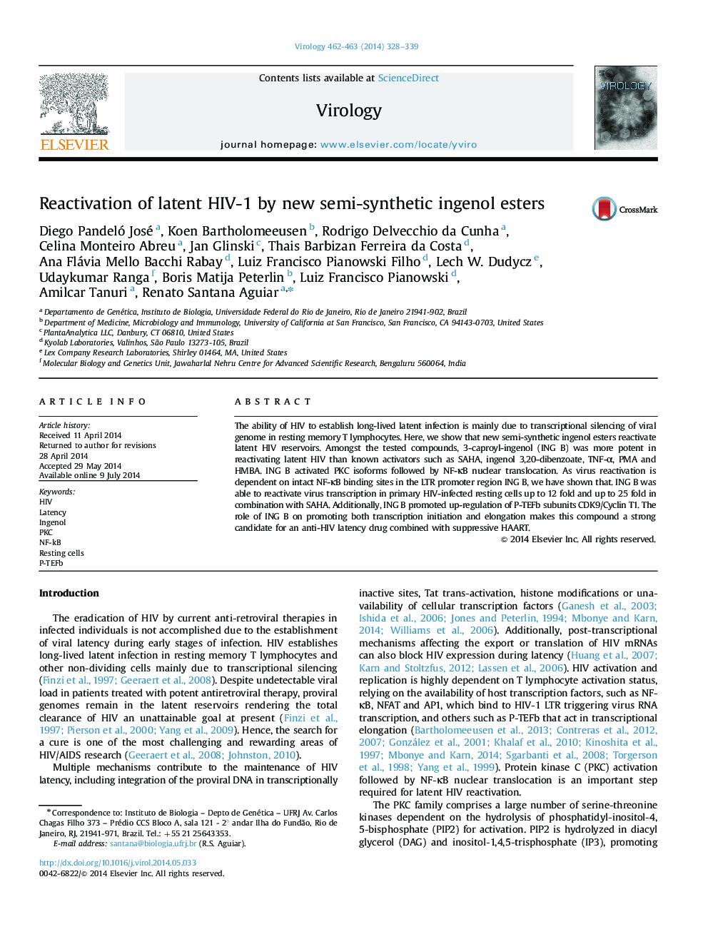 Reactivation of latent HIV-1 by new semi-synthetic ingenol esters