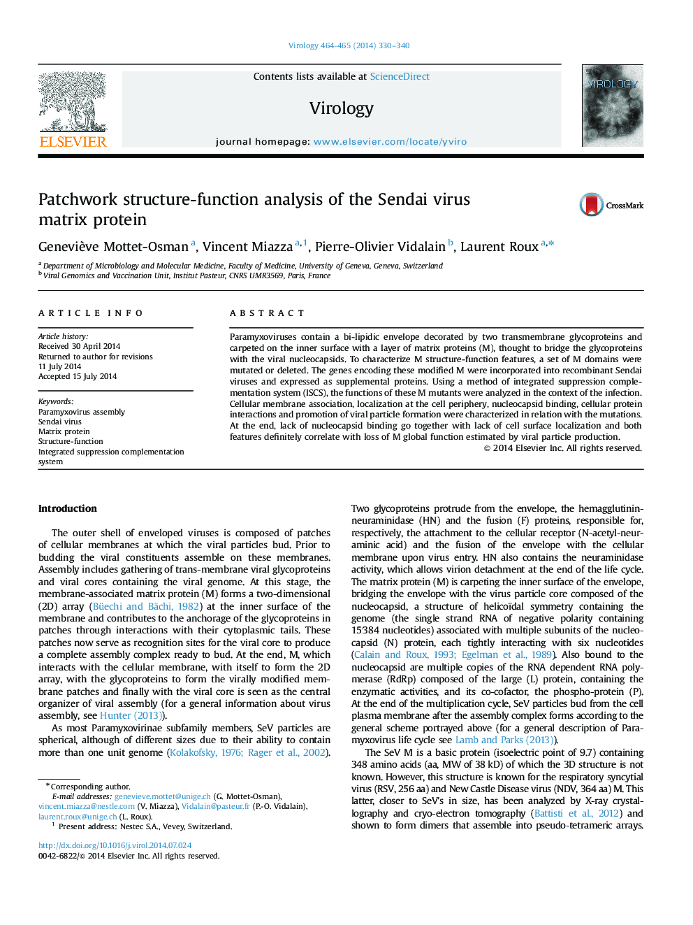 Patchwork structure-function analysis of the Sendai virus matrix protein