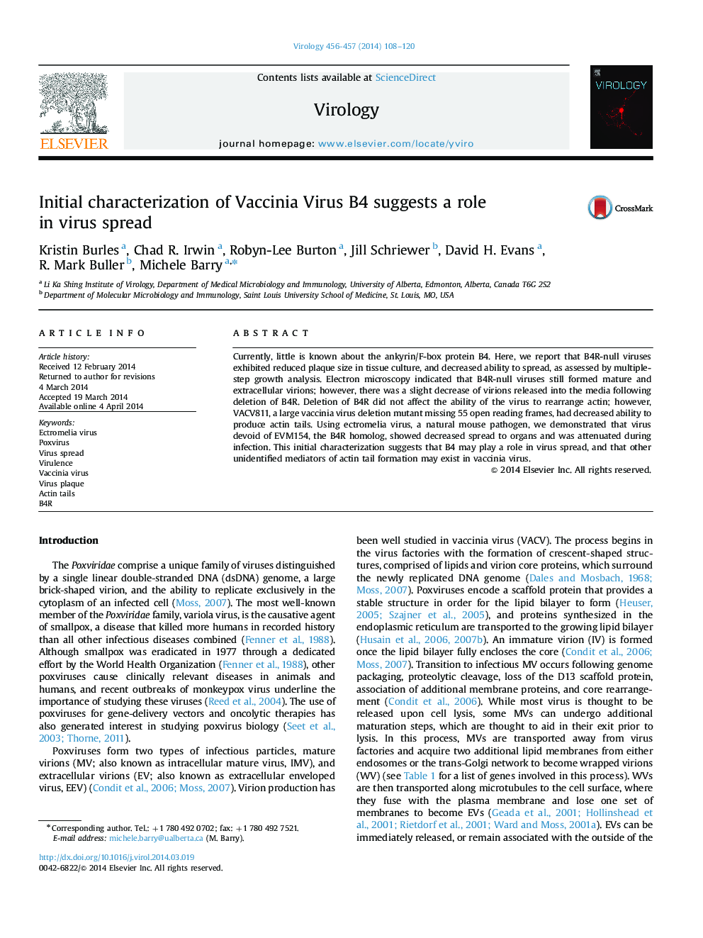 Initial characterization of Vaccinia Virus B4 suggests a role in virus spread