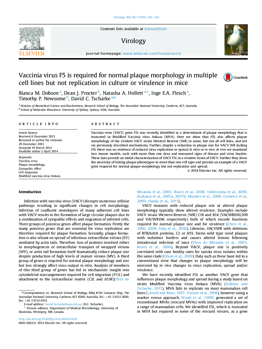 Vaccinia virus F5 is required for normal plaque morphology in multiple cell lines but not replication in culture or virulence in mice