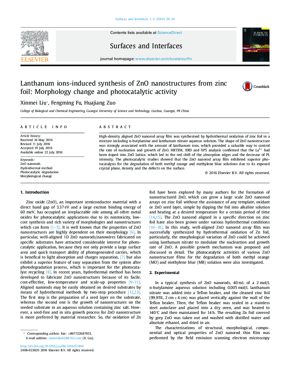 عکس صفحه اول مقاله: Lanthanum ions-induced synthesis of ZnO nanostructures from zinc foil: Morphology change and photocatalytic activity Lanthanum ions-induced synthesis of ZnO nanostructures from zinc foil: Morphology change and photocatalytic activity