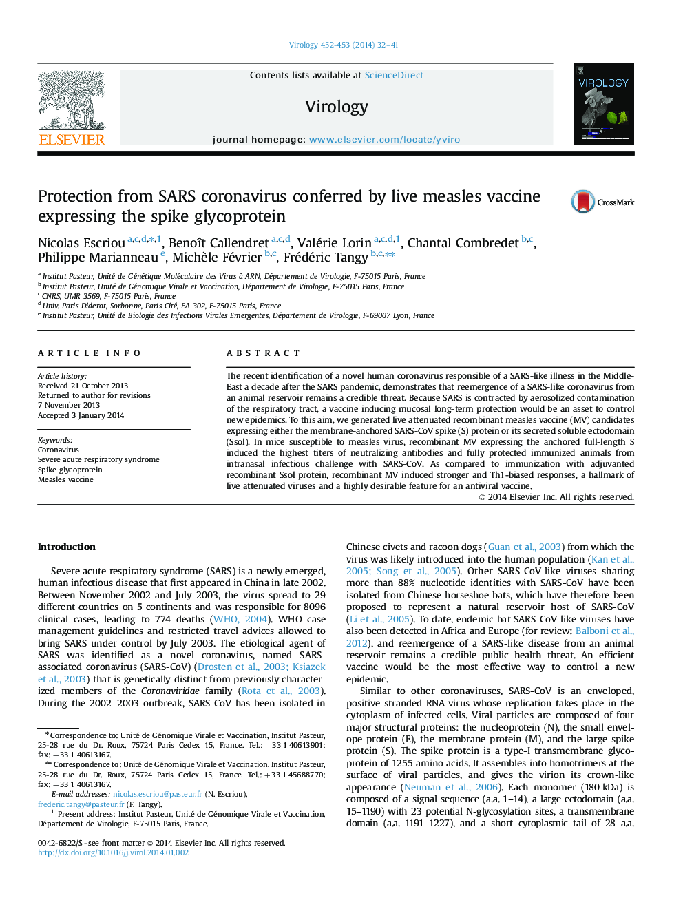 Protection from SARS coronavirus conferred by live measles vaccine expressing the spike glycoprotein