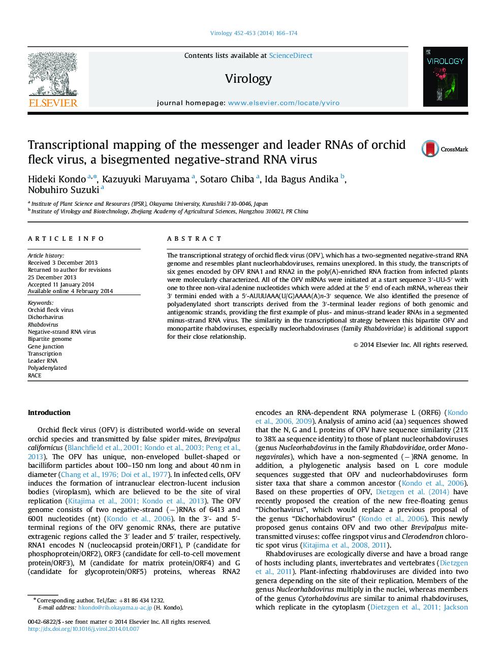 Transcriptional mapping of the messenger and leader RNAs of orchid fleck virus, a bisegmented negative-strand RNA virus