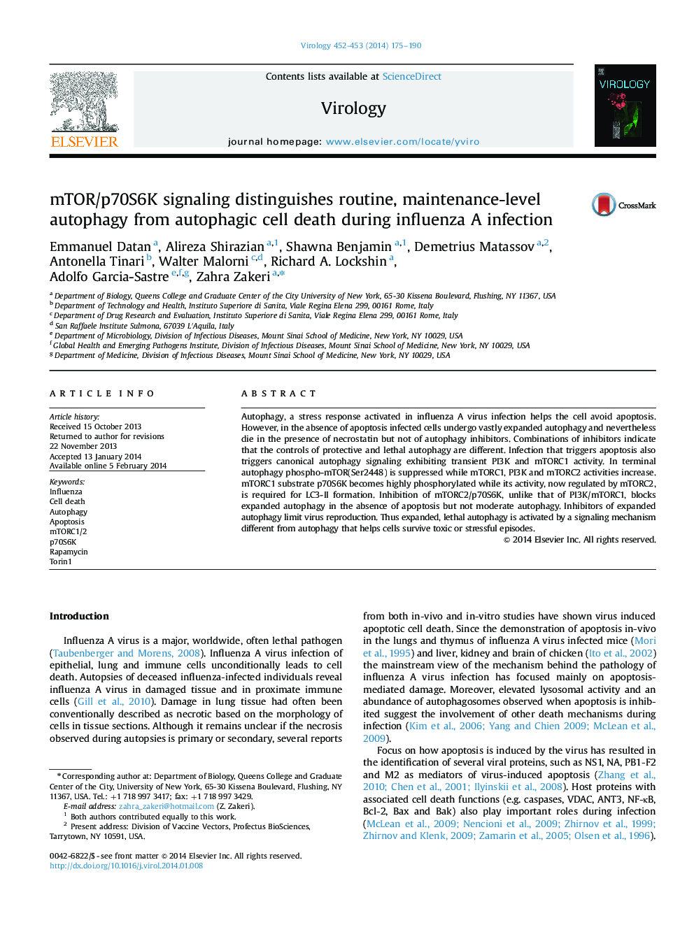 mTOR/p70S6K signaling distinguishes routine, maintenance-level autophagy from autophagic cell death during influenza A infection