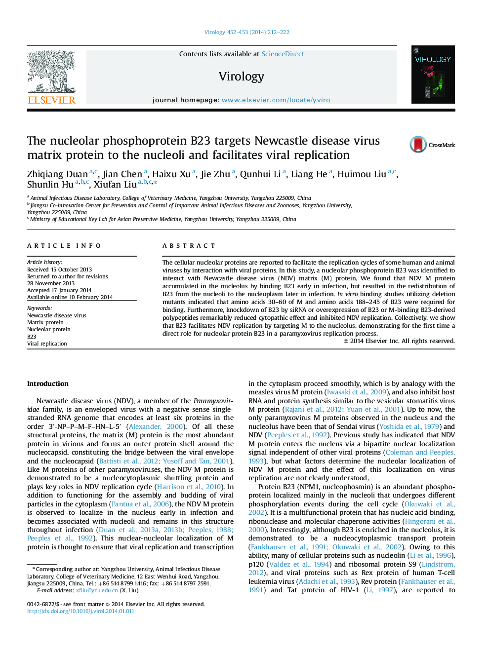 The nucleolar phosphoprotein B23 targets Newcastle disease virus matrix protein to the nucleoli and facilitates viral replication