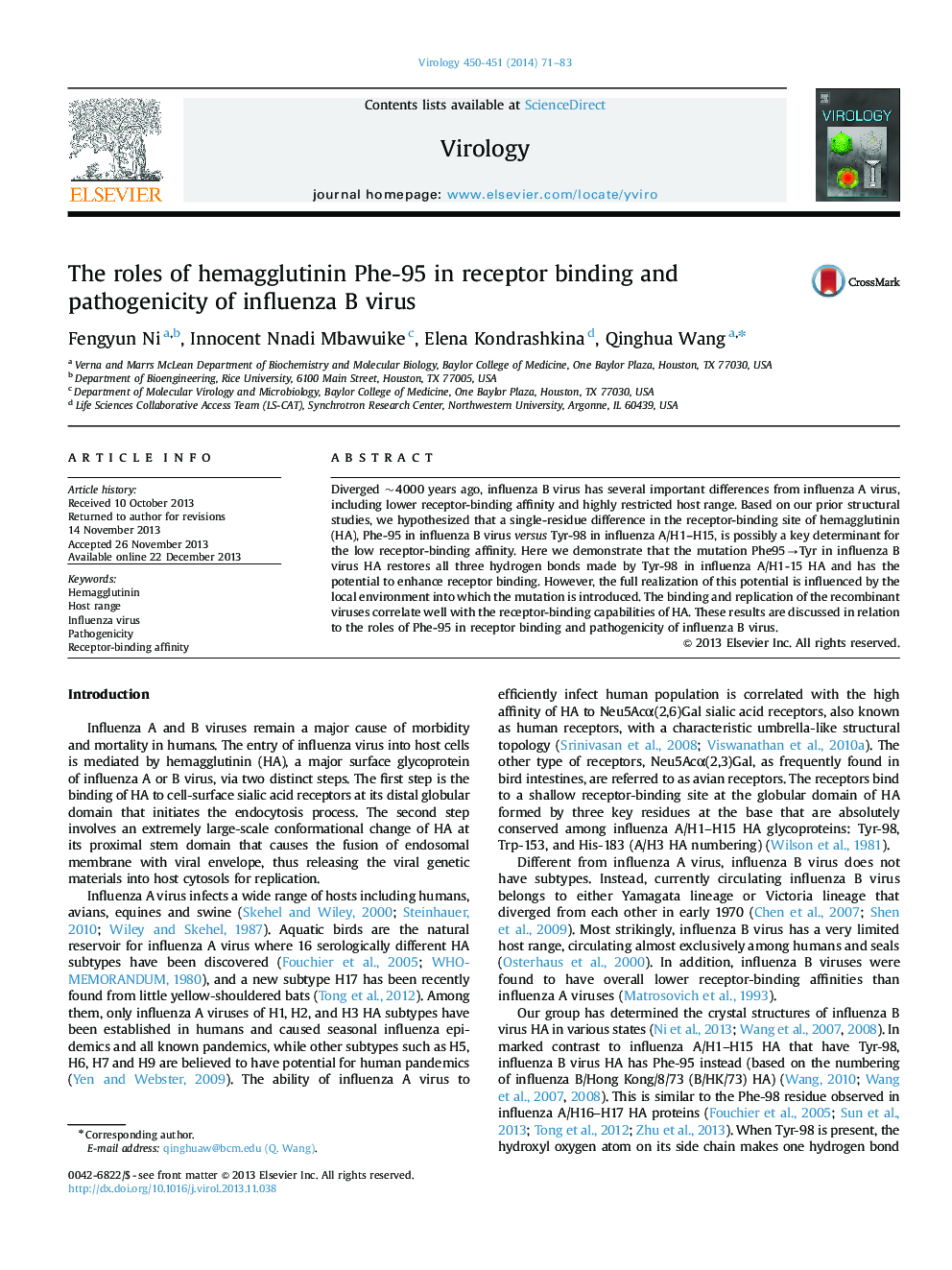 The roles of hemagglutinin Phe-95 in receptor binding and pathogenicity of influenza B virus