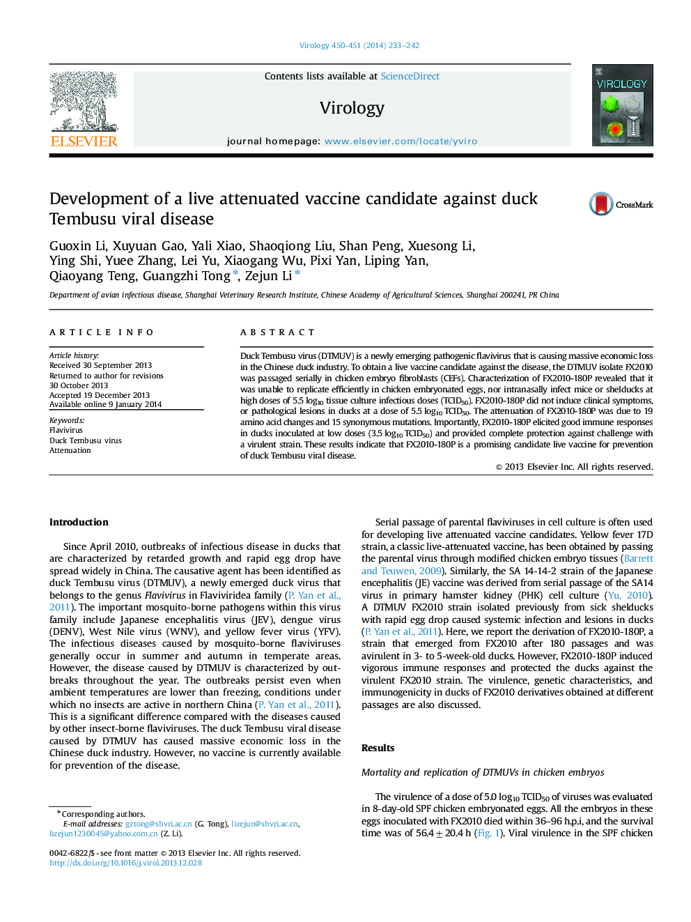 Development of a live attenuated vaccine candidate against duck Tembusu viral disease