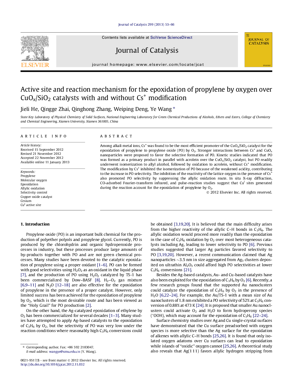 عکس صفحه اول مقاله: Active site and reaction mechanism for the epoxidation of propylene by oxygen over CuOx/SiO2 catalysts with and without Cs+ modification Active site and reaction mechanism for the epoxidation of propylene by oxygen over CuOx/SiO2 catalysts with and without Cs+ modification