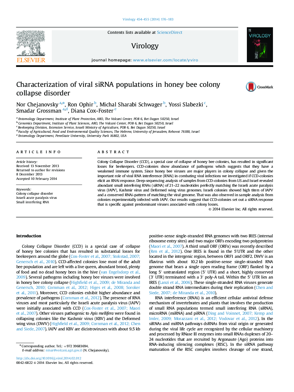 Characterization of viral siRNA populations in honey bee colony collapse disorder