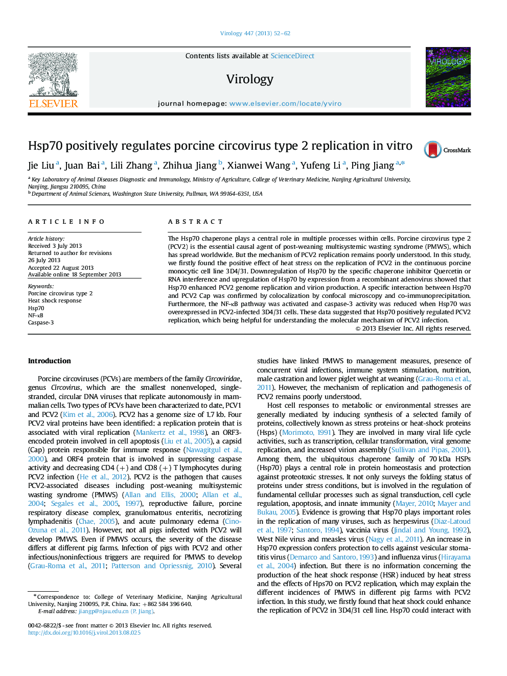 Hsp70 positively regulates porcine circovirus type 2 replication in vitro