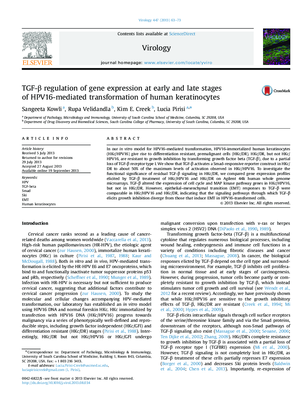 TGF-Î² regulation of gene expression at early and late stages of HPV16-mediated transformation of human keratinocytes