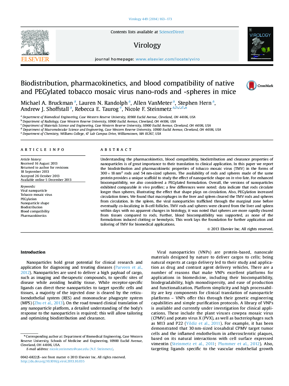 Biodistribution, pharmacokinetics, and blood compatibility of native and PEGylated tobacco mosaic virus nano-rods and -spheres in mice