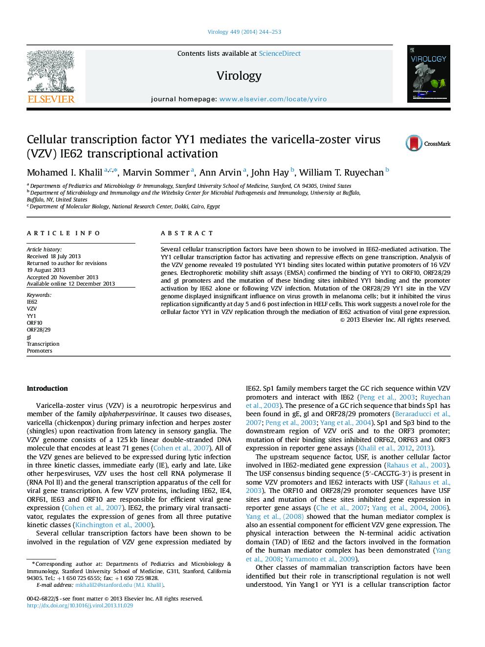 Cellular transcription factor YY1 mediates the varicella-zoster virus (VZV) IE62 transcriptional activation