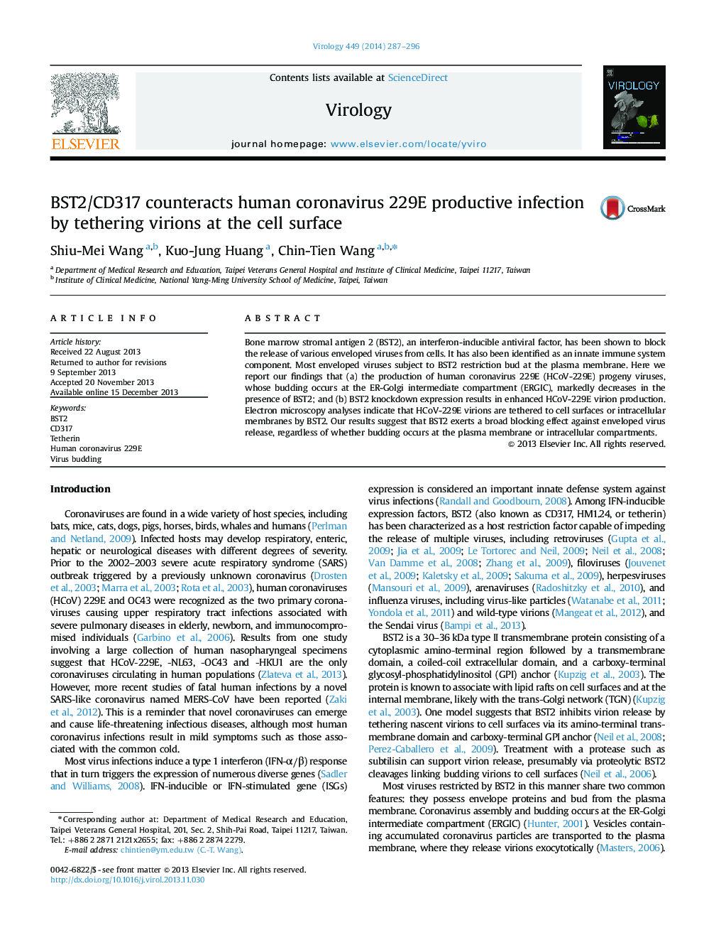 BST2/CD317 counteracts human coronavirus 229E productive infection by tethering virions at the cell surface