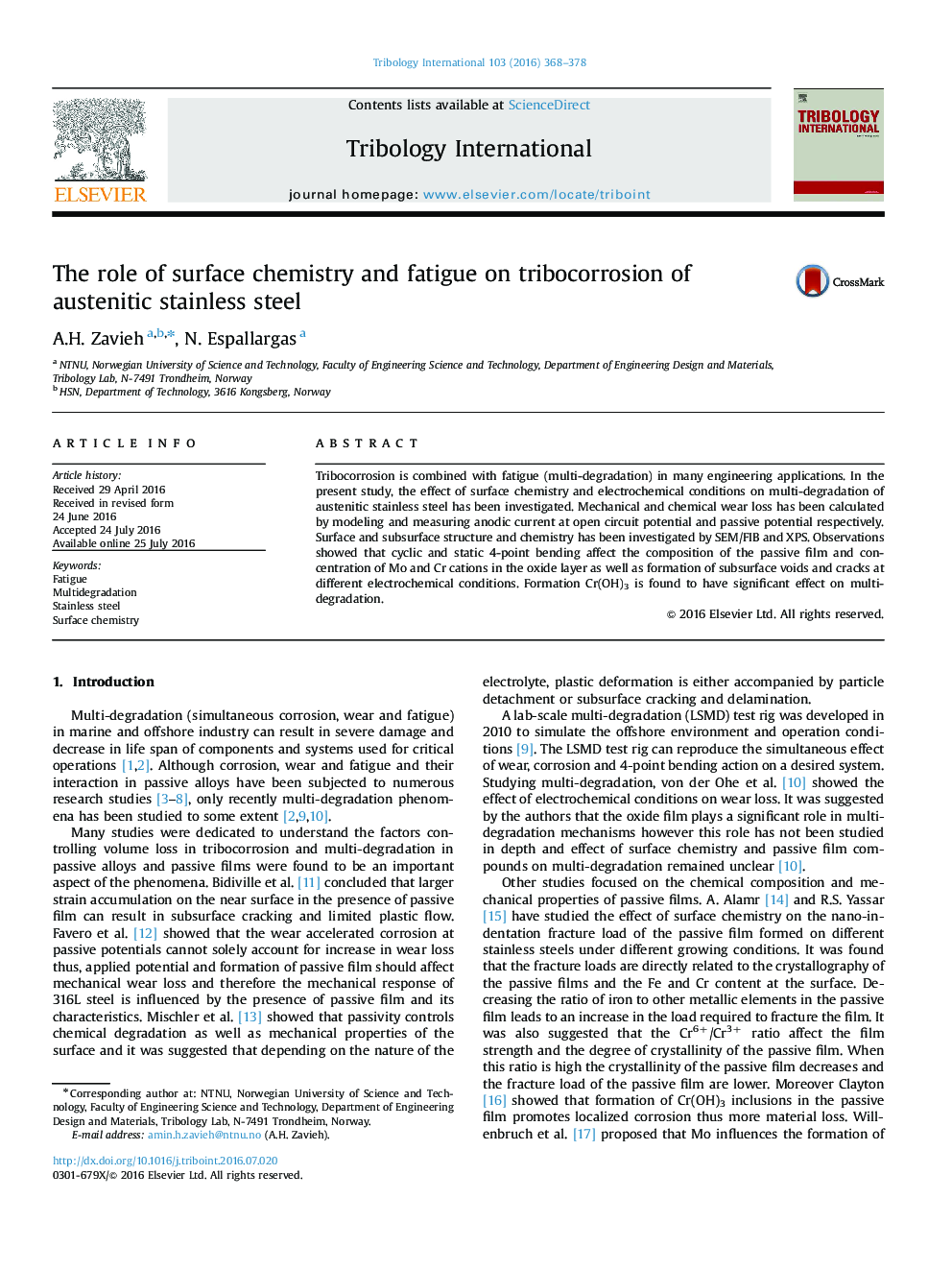 نقش شیمی در سطح و خستگی بر روی فیبر کربن فولاد ضد زنگ آستنیتی 