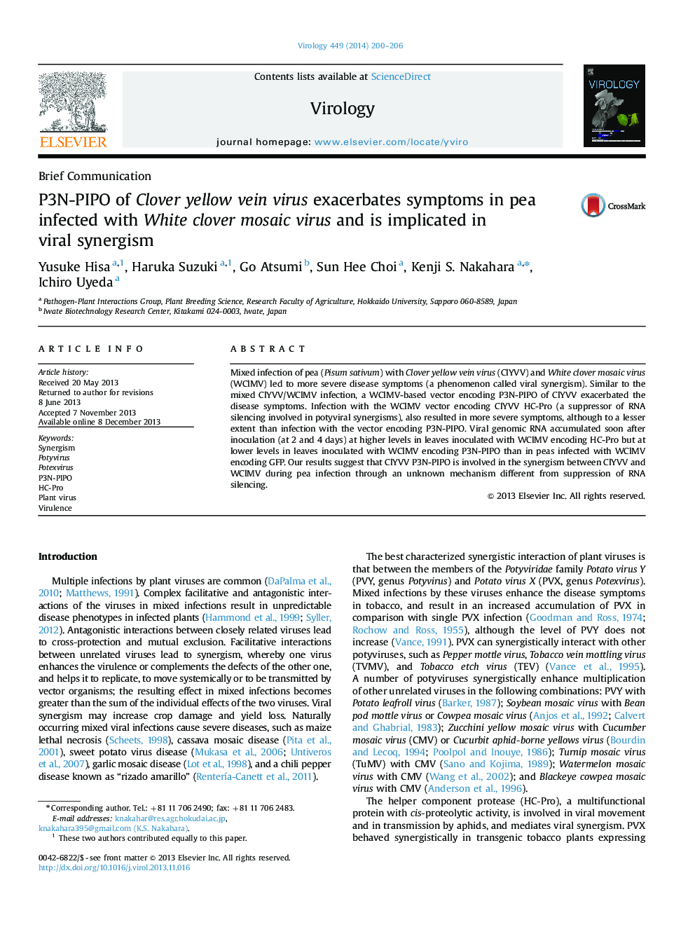 P3N-PIPO of Clover yellow vein virus exacerbates symptoms in pea infected with White clover mosaic virus and is implicated in viral synergism