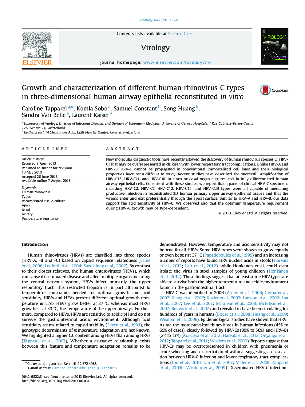 Growth and characterization of different human rhinovirus C types in three-dimensional human airway epithelia reconstituted in vitro