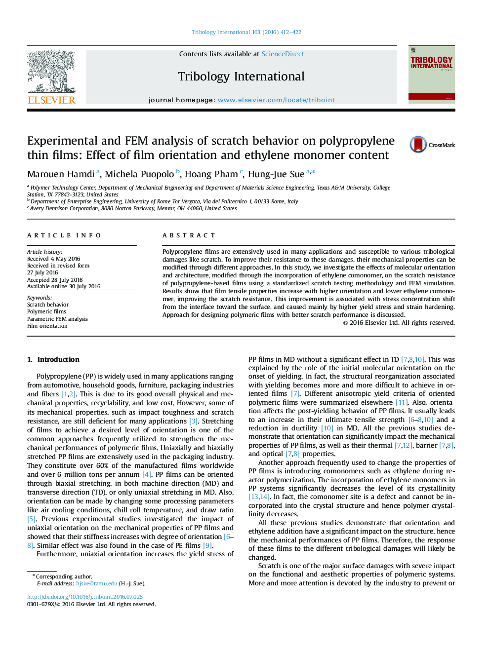 Experimental and FEM analysis of scratch behavior on polypropylene thin films: Effect of film orientation and ethylene monomer content