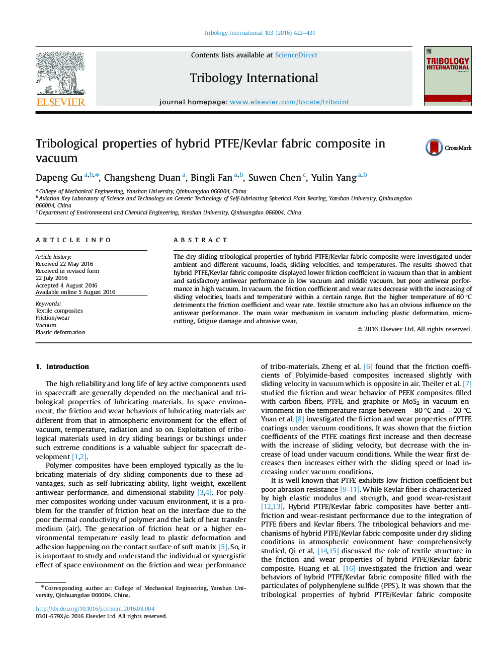 Tribological properties of hybrid PTFE/Kevlar fabric composite in vacuum