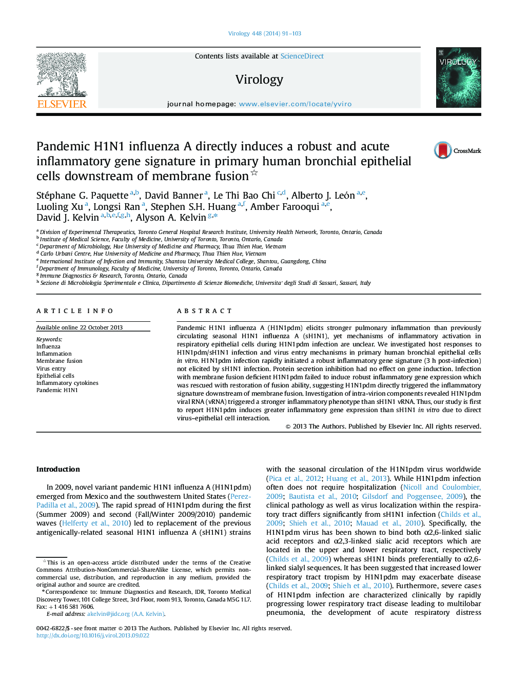 Pandemic H1N1 influenza A directly induces a robust and acute inflammatory gene signature in primary human bronchial epithelial cells downstream of membrane fusion