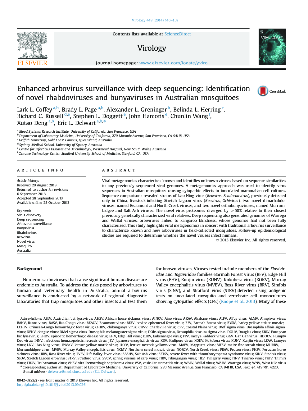 Enhanced arbovirus surveillance with deep sequencing: Identification of novel rhabdoviruses and bunyaviruses in Australian mosquitoes