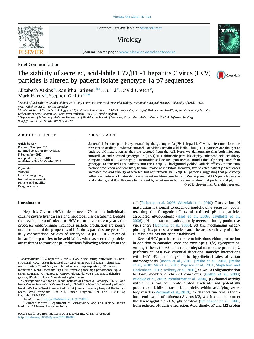 The stability of secreted, acid-labile H77/JFH-1 hepatitis C virus (HCV) particles is altered by patient isolate genotype 1a p7 sequences