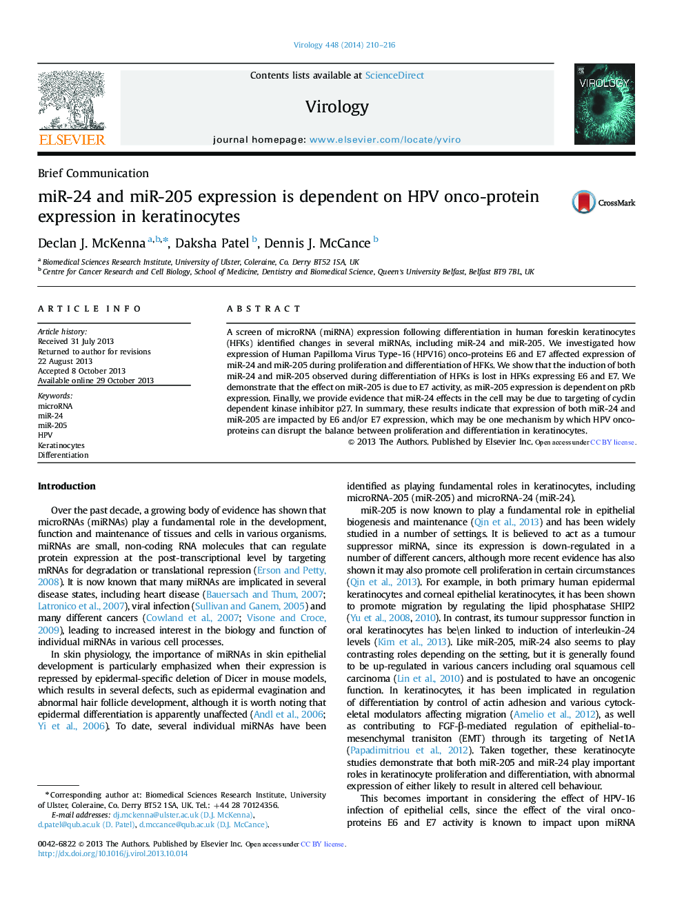 miR-24 and miR-205 expression is dependent on HPV onco-protein expression in keratinocytes