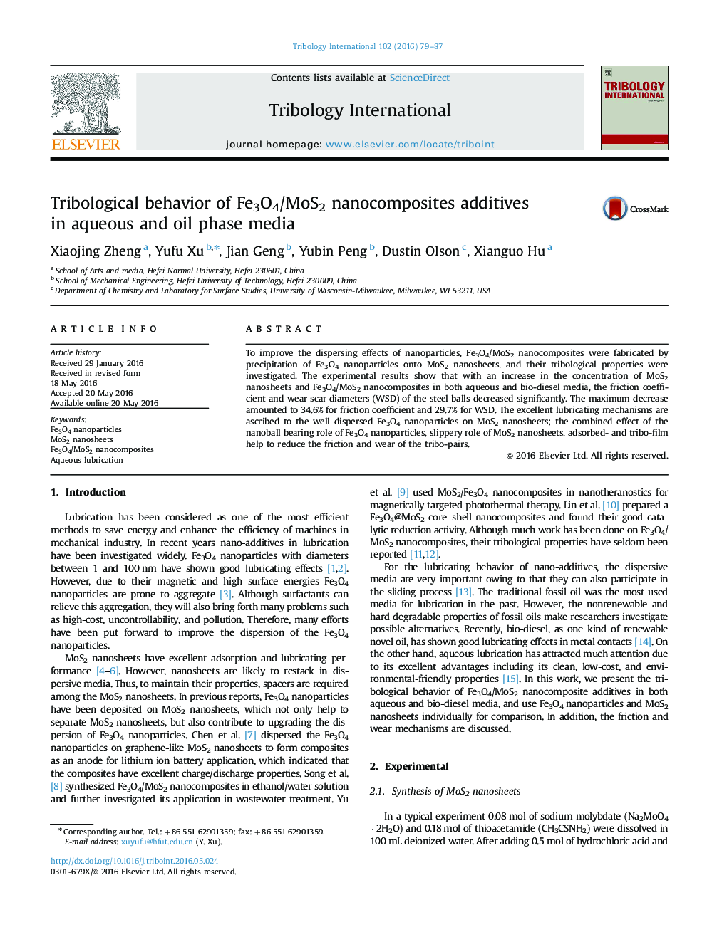 Tribological behavior of Fe3O4/MoS2 nanocomposites additives in aqueous and oil phase media