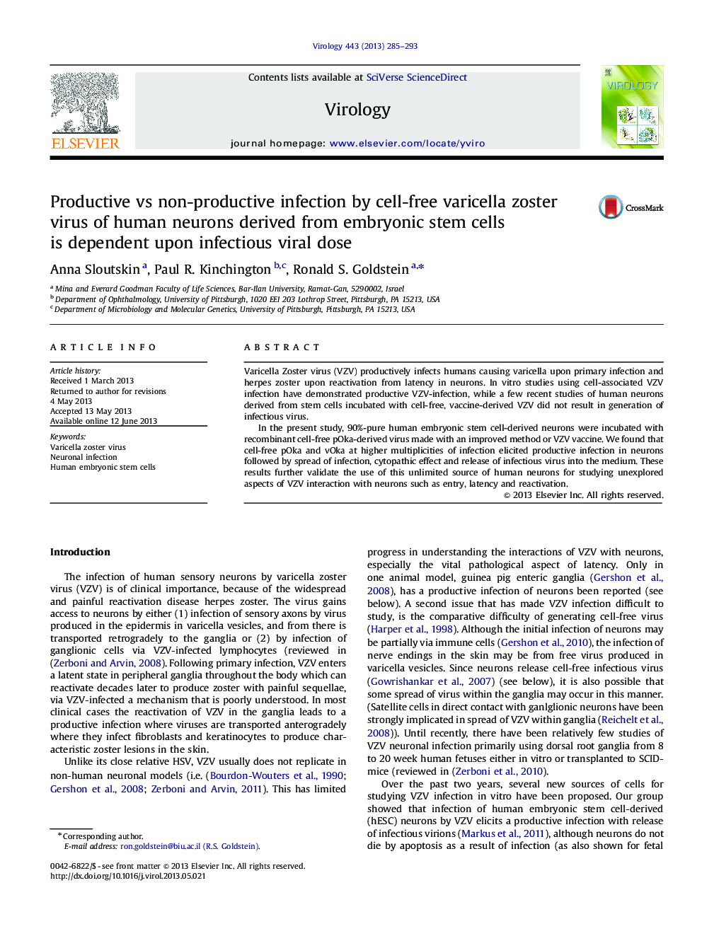 Productive vs non-productive infection by cell-free varicella zoster virus of human neurons derived from embryonic stem cells is dependent upon infectious viral dose