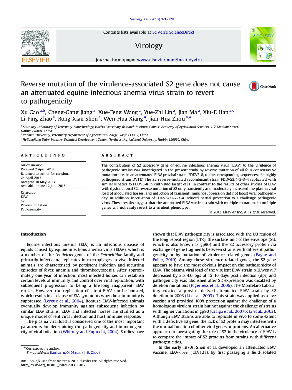 Reverse mutation of the virulence-associated S2 gene does not cause an attenuated equine infectious anemia virus strain to revert to pathogenicity