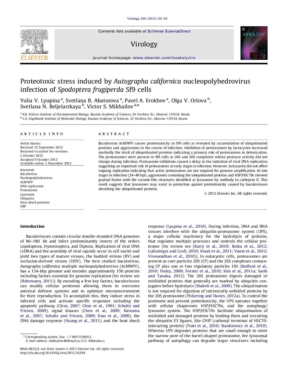 Proteotoxic stress induced by Autographa californica nucleopolyhedrovirus infection of Spodoptera frugiperda Sf9 cells