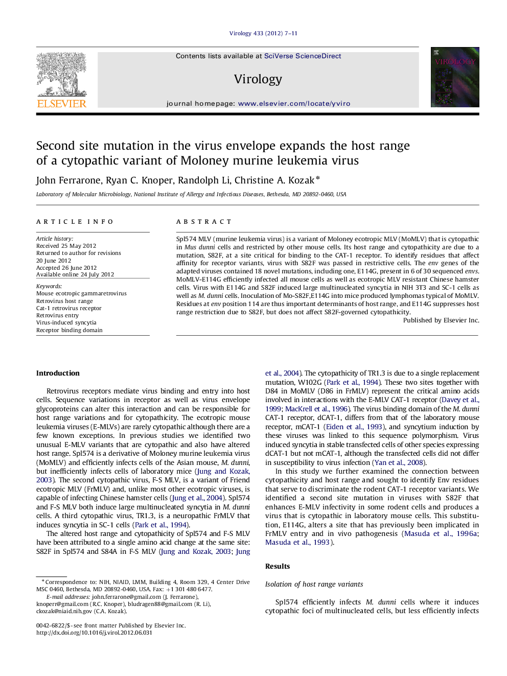 Second site mutation in the virus envelope expands the host range of a cytopathic variant of Moloney murine leukemia virus