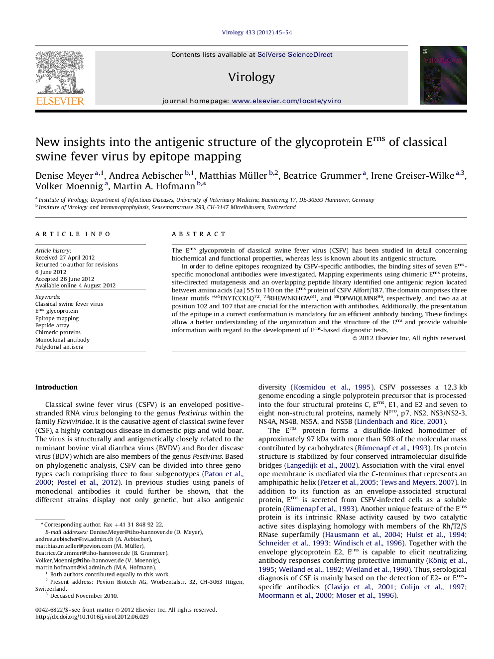 New insights into the antigenic structure of the glycoprotein Erns of classical swine fever virus by epitope mapping