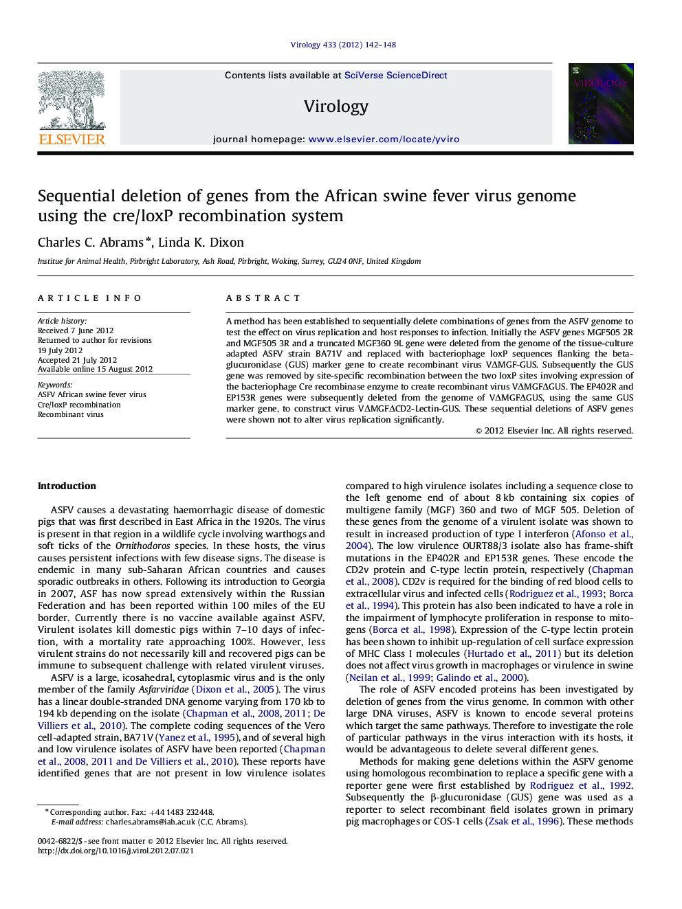 Sequential deletion of genes from the African swine fever virus genome using the cre/loxP recombination system