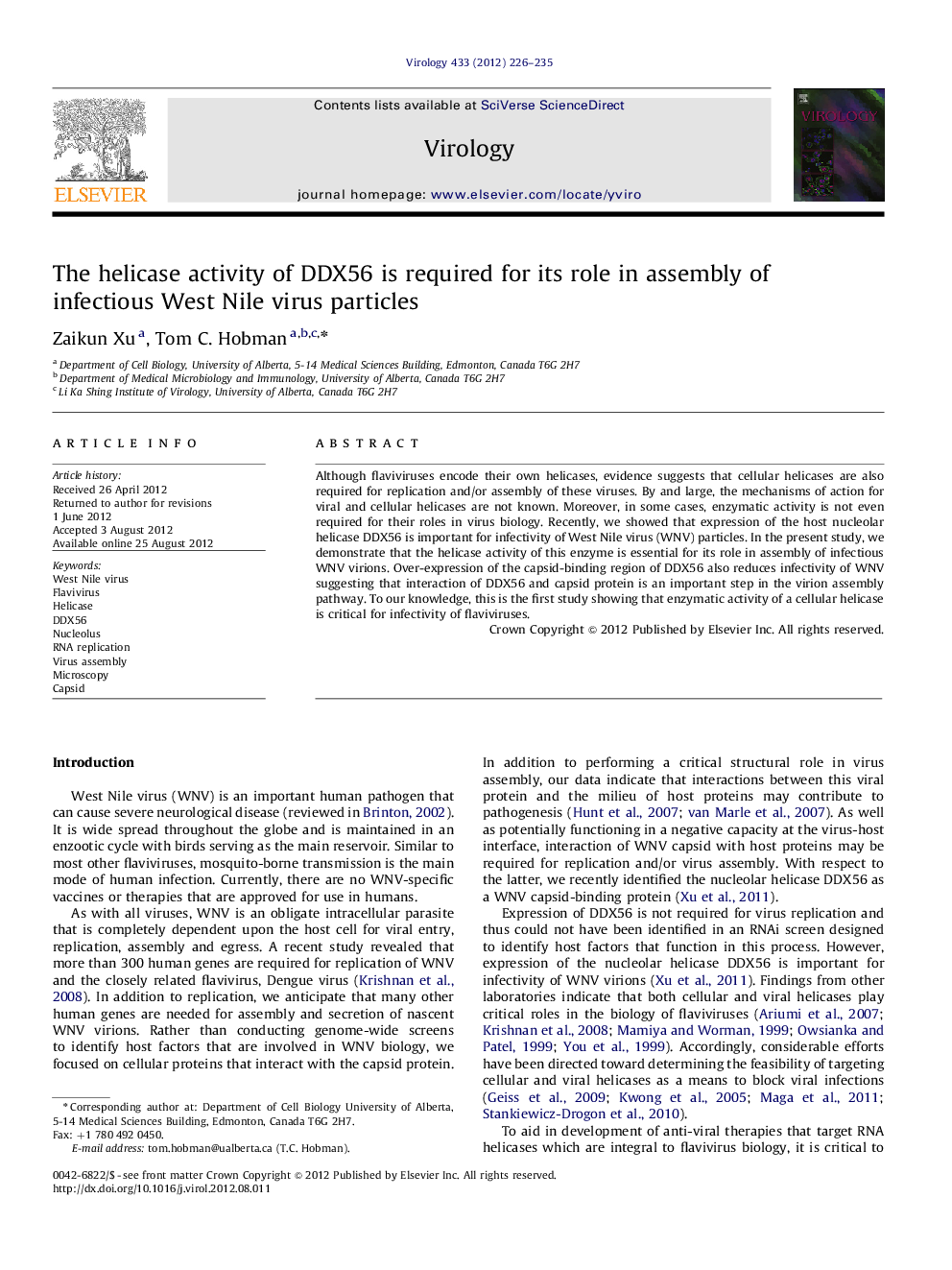 The helicase activity of DDX56 is required for its role in assembly of infectious West Nile virus particles