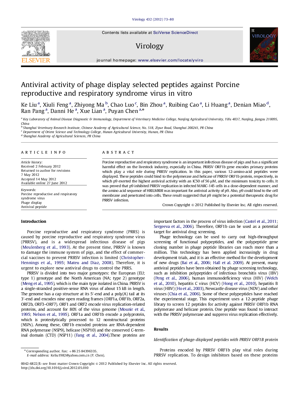 Antiviral activity of phage display selected peptides against Porcine reproductive and respiratory syndrome virus in vitro