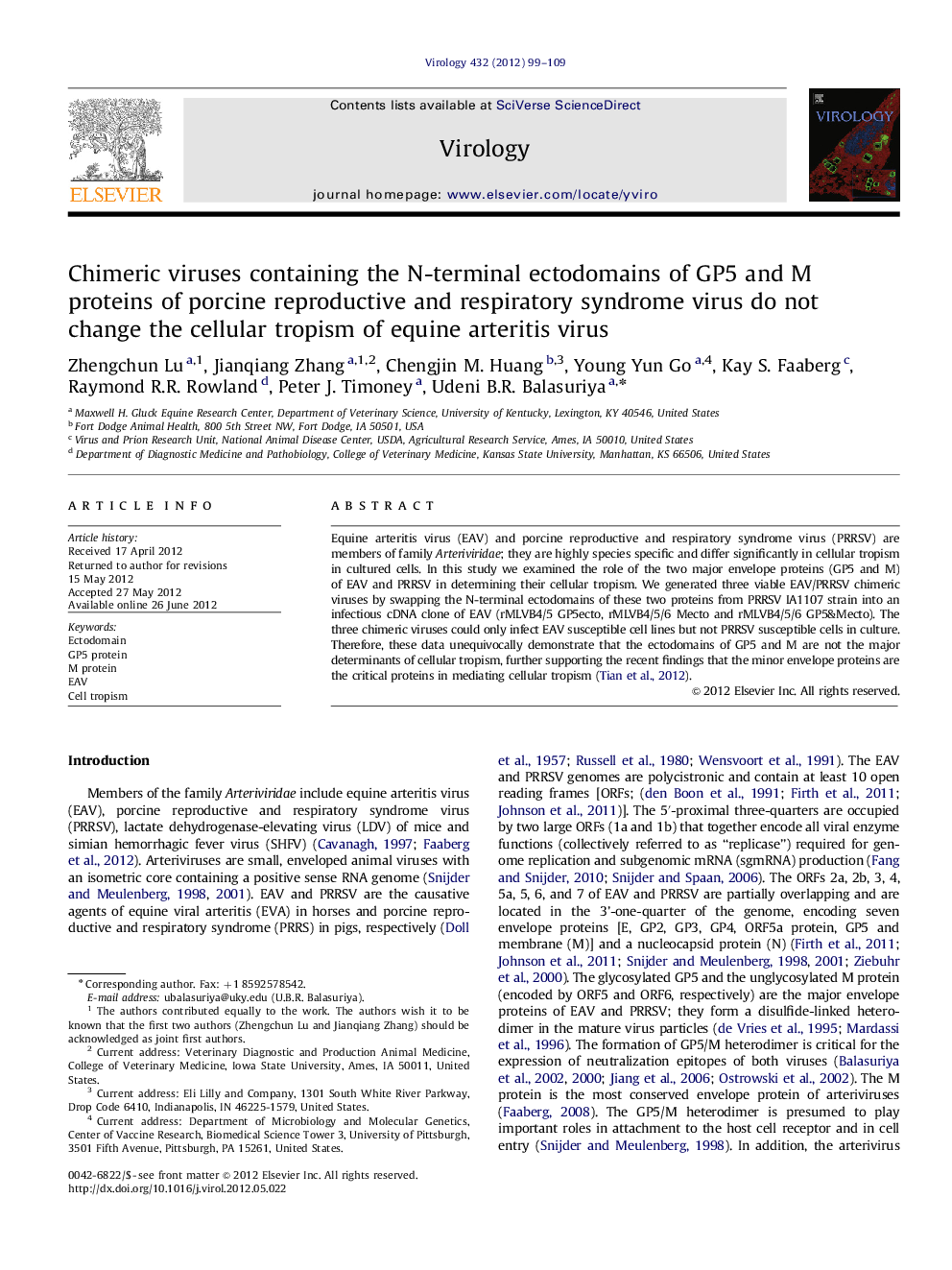 Chimeric viruses containing the N-terminal ectodomains of GP5 and M proteins of porcine reproductive and respiratory syndrome virus do not change the cellular tropism of equine arteritis virus