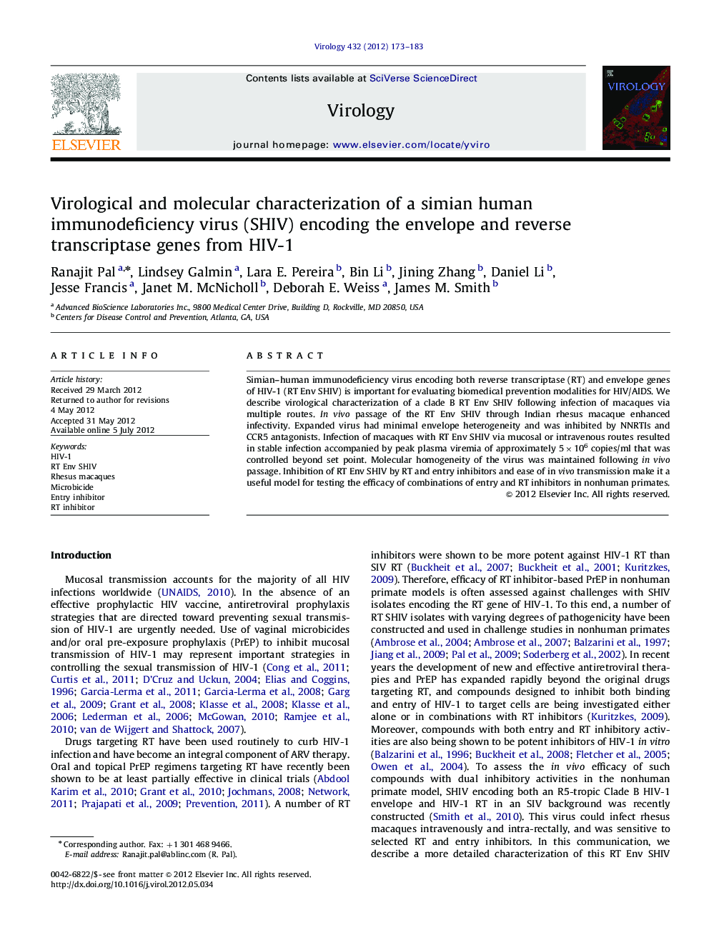 Virological and molecular characterization of a simian human immunodeficiency virus (SHIV) encoding the envelope and reverse transcriptase genes from HIV-1