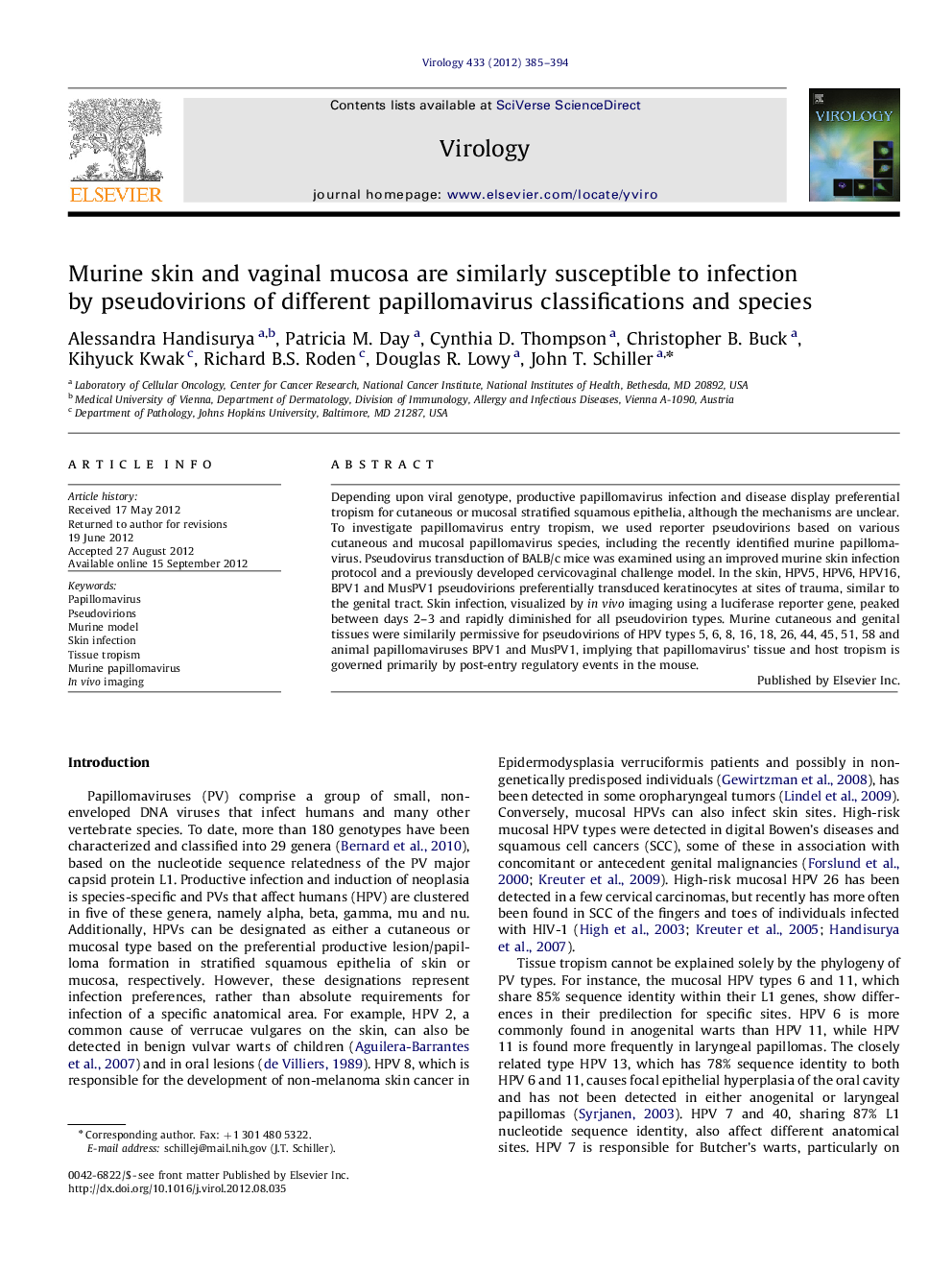 Murine skin and vaginal mucosa are similarly susceptible to infection by pseudovirions of different papillomavirus classifications and species