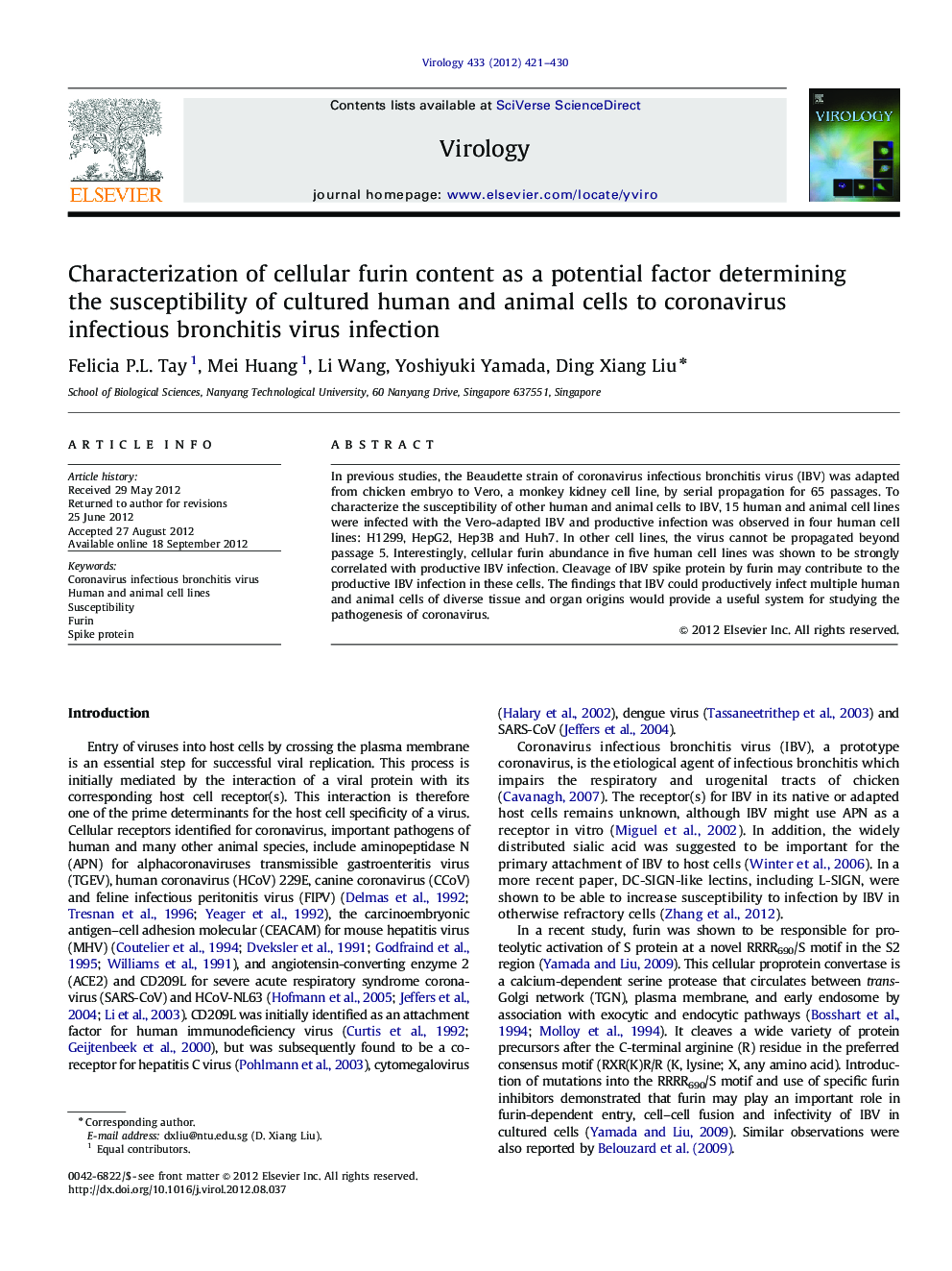 Characterization of cellular furin content as a potential factor determining the susceptibility of cultured human and animal cells to coronavirus infectious bronchitis virus infection