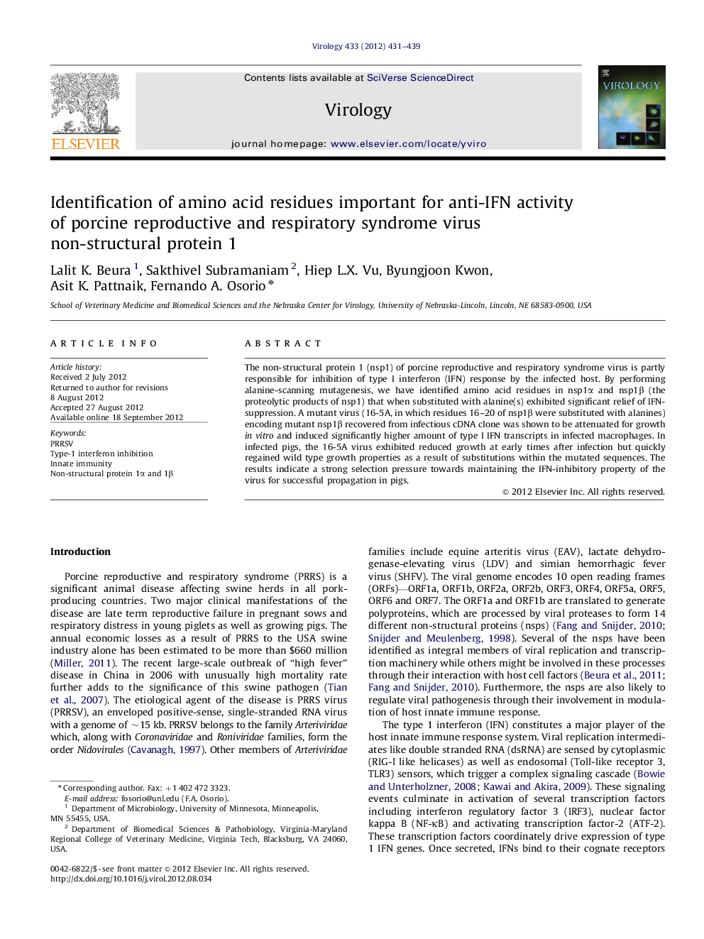 عکس صفحه اول مقاله: Identification of amino acid residues important for anti-IFN activity of porcine reproductive and respiratory syndrome virus non-structural protein 1 Identification of amino acid residues important for anti-IFN activity of porcine reproductive and respiratory syndrome virus non-structural protein 1