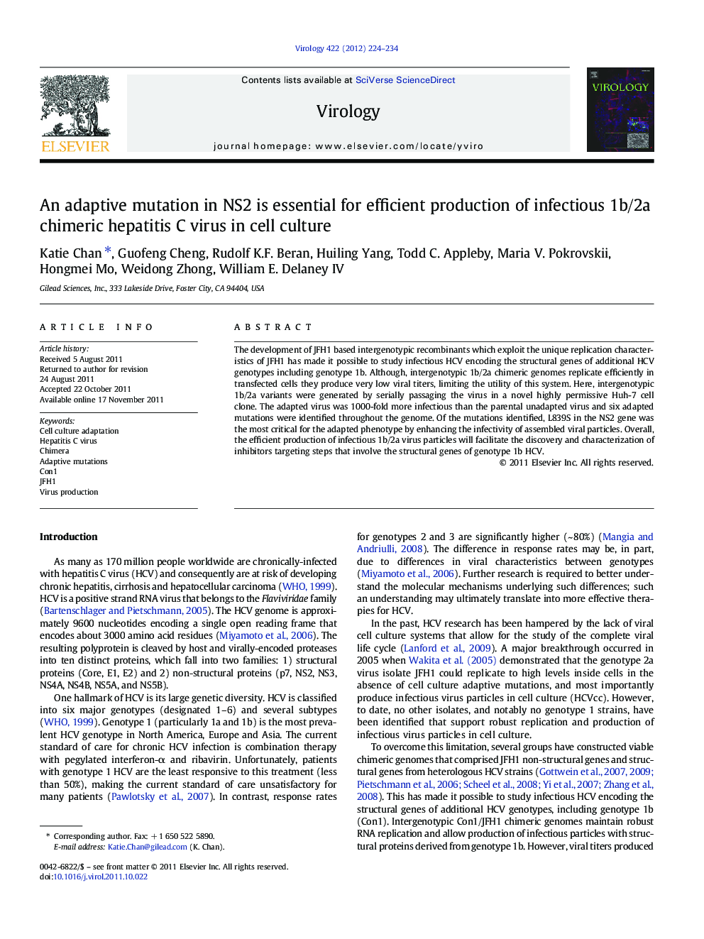 An adaptive mutation in NS2 is essential for efficient production of infectious 1b/2a chimeric hepatitis C virus in cell culture